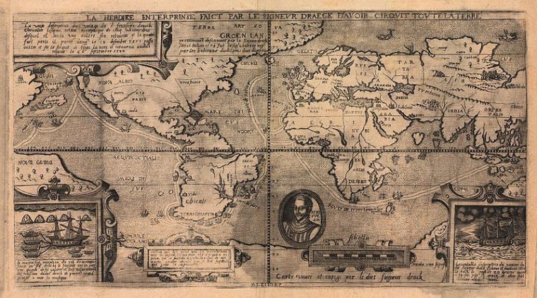 Mapa de 1581 por Nicola van Sype, mostrando la circunnavegación Drake (Christie's).