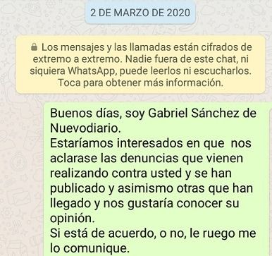 Único mensaje enviado a la señora Cantero, por el que se puso denuncia por abuso ante el grupo de la policía nacional dedicado a la violencia de género