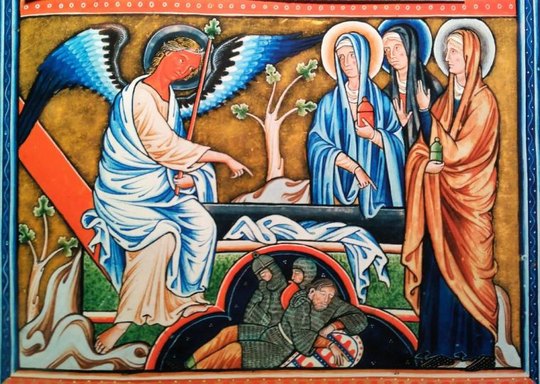 Salterio de Ingeborg, hacia 1195. Es posible que sea obra de monjas cistercienses de Fervaques, norte de Francia. El ángel anuncia la Resurrección de Cristo a tres mujeres, mientras tres soldados duermen en forma de trébol.