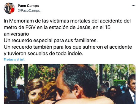 Francisco Camp insulta a familiares y víctimas del accidente de metro de València de 2006 con un tuit