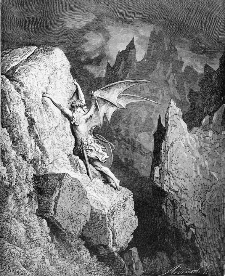  El vuelo de Satanás a través del caos, grabado de Adolphe Gusmand, c. 1868.