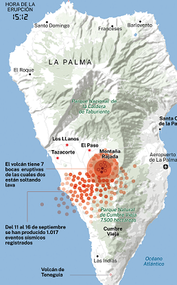 Aparece una nueva boca en el volcán de Cumbre Vieja a 900 metros de distancia de la última y ya van nueve