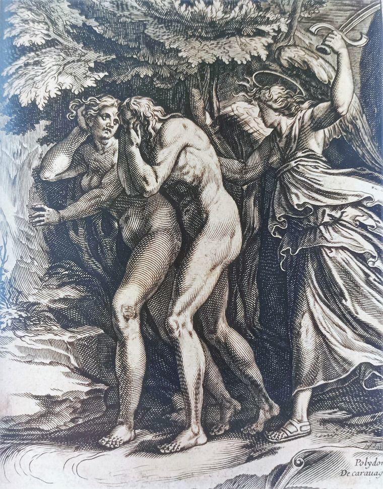 Cherubino Alberti. La expulsión del Paraíso, fines del XVI, según modelo de Caravaggio. Colección Almagro-Herrador.