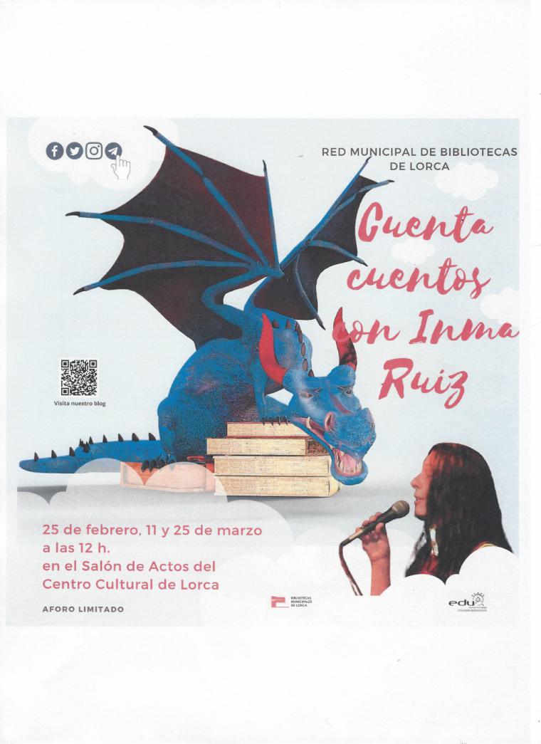 La Red Municipal de Bibliotecas de Lorca organiza la actividad infantil ‘Cuentacuentos con Inma Ruiz’ hoy sábado 25 de febrero, 11 y 25 de marzo