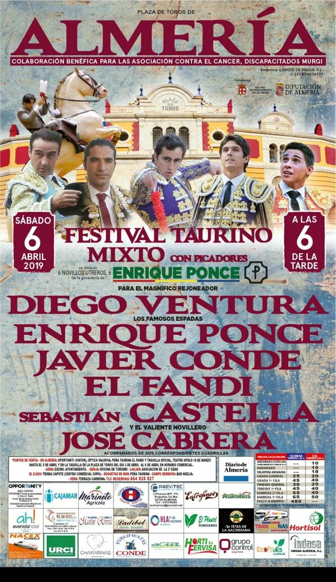 Festival taurino en Almería con el Fandi, Diego Ventura, Enrique Ponce, Castella, Javier Conde y el novillero almeriense José Cabrera