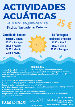 Las piscinas municipales de Zarcilla de Ramos y La Parroquia abrirán el 1 de julio y ofertarán cursos de natación y aquagym en varios niveles