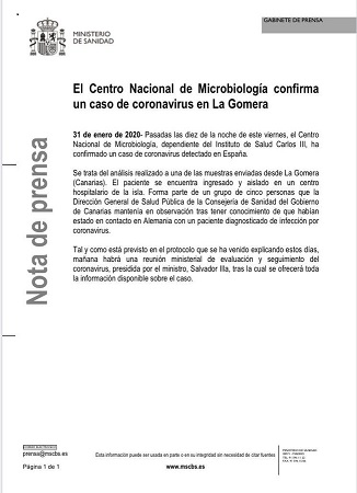Primer caso de coronavirus confirmado en España, el de un ciudadano alemán en La Gomera