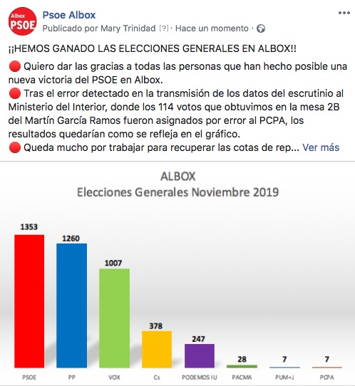 Un error garrafal en la trasmisión de los resultados oficiales de Albox da vencedor al PP cuando el ganador ha sido el PSOE