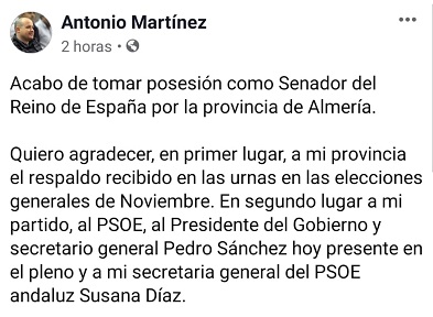 Editorial : El nuevo senador Antonio Martínez da las gracias a los almerienses por la confianza depositada en él...¿Confianza? 