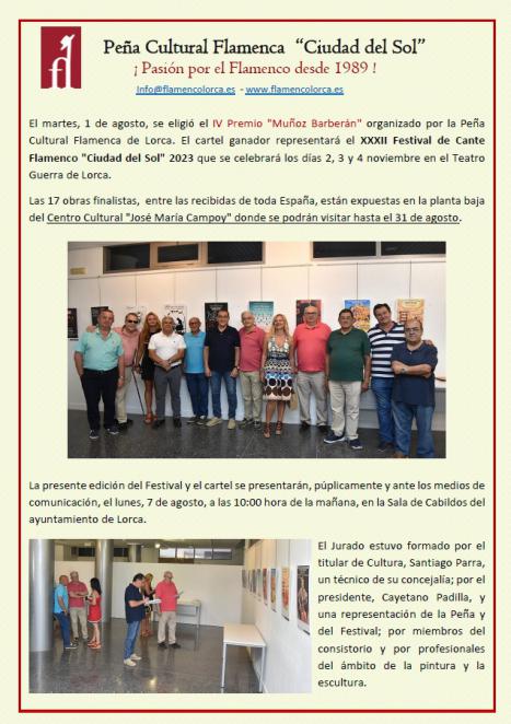 El XXXII Festival Internacional de Cante Flamenco 'Ciudad del Sol' y el cartel anunciador serán presentados el próximo lunes en el Ayuntamiento de Lorca
 