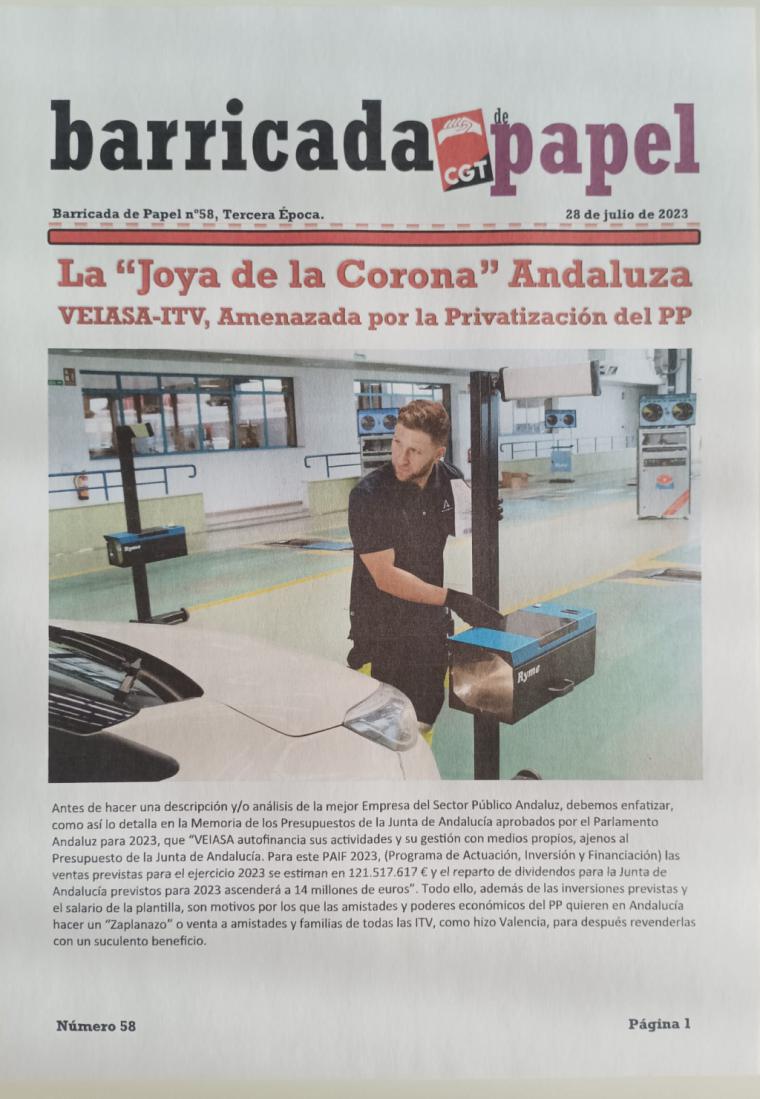 La CGT publica “barricada papel' dedicada a VEIASA-ITV la 'Joya de la Corona ' de Andalucía