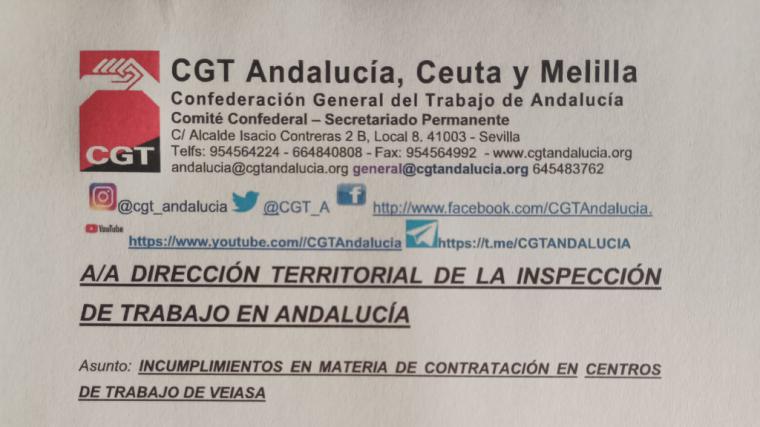 CGT Andalucía denuncia a VEIASA-ITV ante Inspección por presunto fraude en la contratación