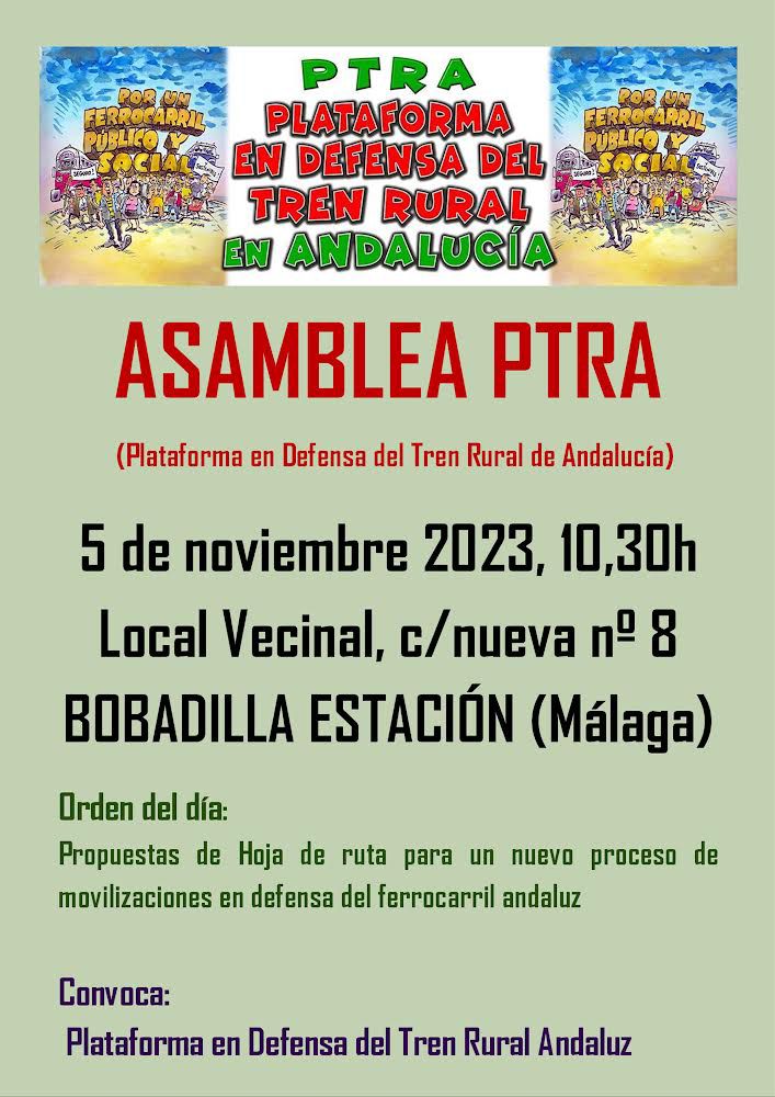PTRA se reúne en Bobadilla Estación el 5 de noviembre para impulsar nuevas acciones de protesta por la situación ferroviaria en Andalucía