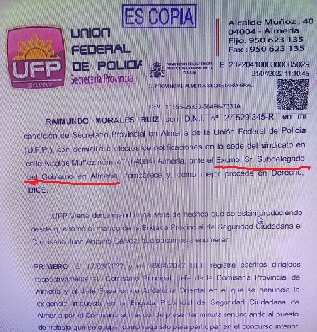 El Secretario de la Unión Federal de Policía en Almería, Raimundo Morales presenta dos escritos de denuncia contra el comisario Juan Antonio Galvez