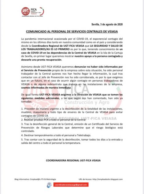 RESPUESTA DE UGT-FICA AL CASO DEL COVID-19 EN VEIASA CENTRAL DE SEVILLA