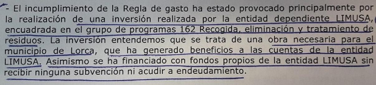 El PP de Lorca 'anima' al Concejal de Hacienda a explicar que el ajuste solicitado por el Gobierno de Pedro Sánchez se debe a las obras para construir el vaso de Limusa, un proyecto que ahorra 5 millones de euros a todos los lorquinos cada año