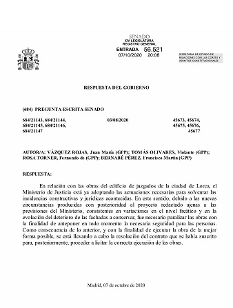 'El gobierno de Pedro Sánchez desmiente al actual alcalde: el proyecto para construir el Palacio de Justicia de Lorca no ha sido el motivo por el que se ha cancelado la obra'