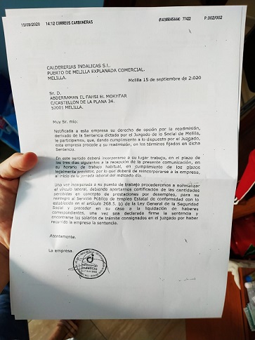 El próximo miércoles se incorpora a su puesto de trabajo el Secretario General de UGT-FICA Melilla tras la condena a Caldererías Indálicas, S.L. por el despido improcedente.