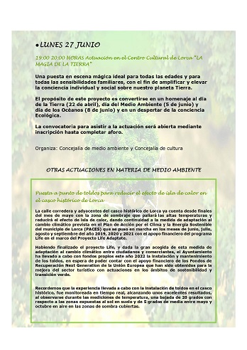 El Ayuntamiento de Lorca organiza hoy varias actividades con motivo de la celebración del mes del Medio Ambiente que se conmemora en Junio
