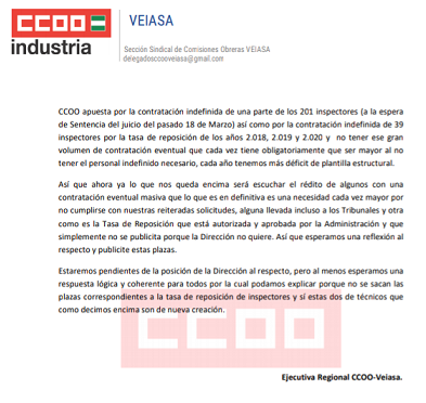 La Junta de Andalucía y la Dirección de VEIASA celebran el 1º de Mayo ofreciendo un “caramelo envenenado a los sindicatos” para blanquear el “enchufe de los dos técnicos”