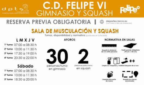El Complejo Deportivo Felipe VI reanuda las actividades dirigidas y reabre la sala de musculación y las pistas de squash, este viernes, bajo un estricto protocolo de acceso
 