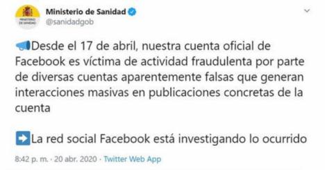 El Ministerio de Sanidad víctima de la actividad fraudulenta de cuentas 'fake' que generan interacciones masivas en la página oficial del ministerio en Facebook