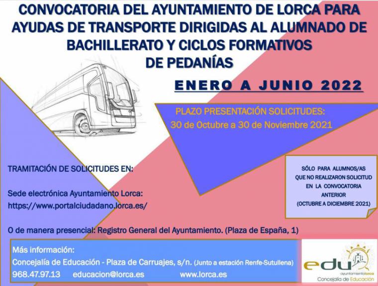 El Ayuntamiento de Lorca abre el plazo para solicitar las ayudas para transporte para el alumnado de bachillerato y ciclos formativos matriculados en centros educativos del municipio