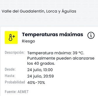 El Ayuntamiento de Lorca solicita precaución a los ciudadanos y ciudadanas ante el nivel amarillo por temperaturas que podrían alcanzar picos de hasta 40 grados este fin de semana