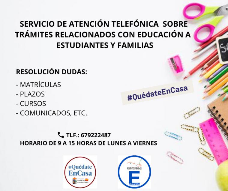 La Concejalía de Educación activa un Servicio de Atención Telefónica a estudiantes y familias