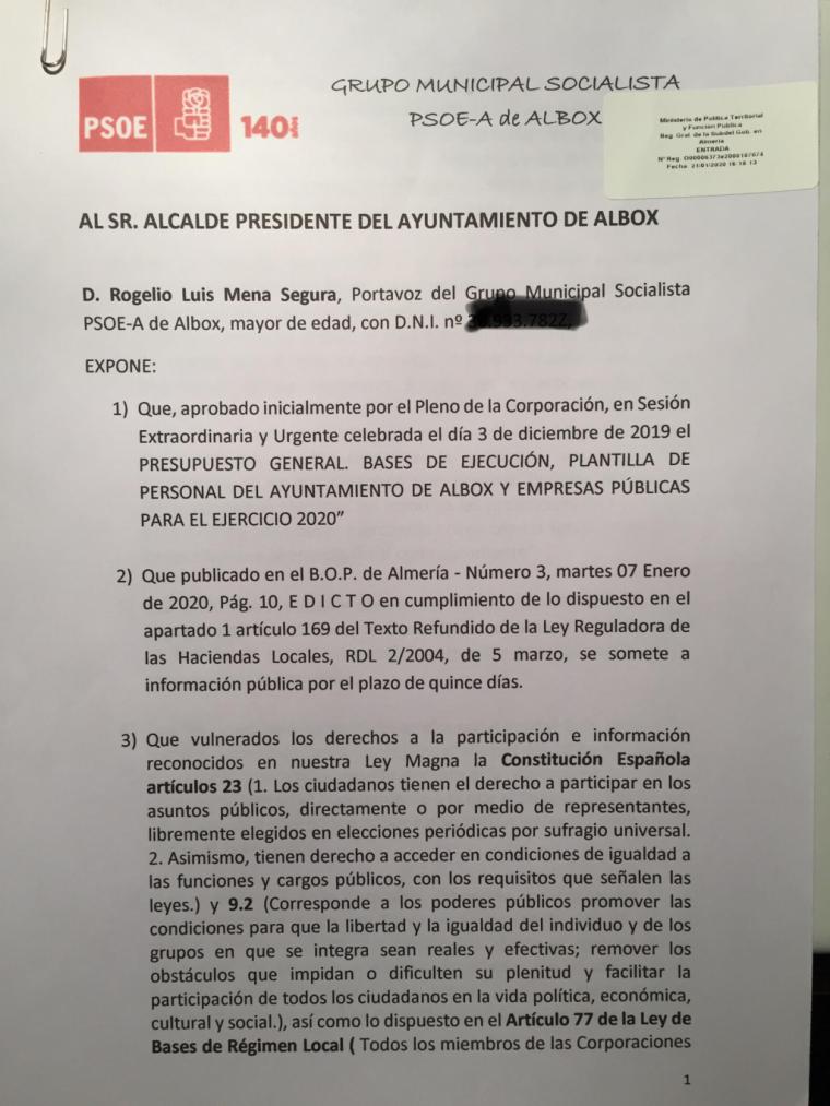 El Alcalde de Albox publica el Presupuesto del 2020 sin resolver las reclamaciones socialistas incurriendo en presuntos delitos de prevaricación y falsedad de documento público, denuncia el PSOE