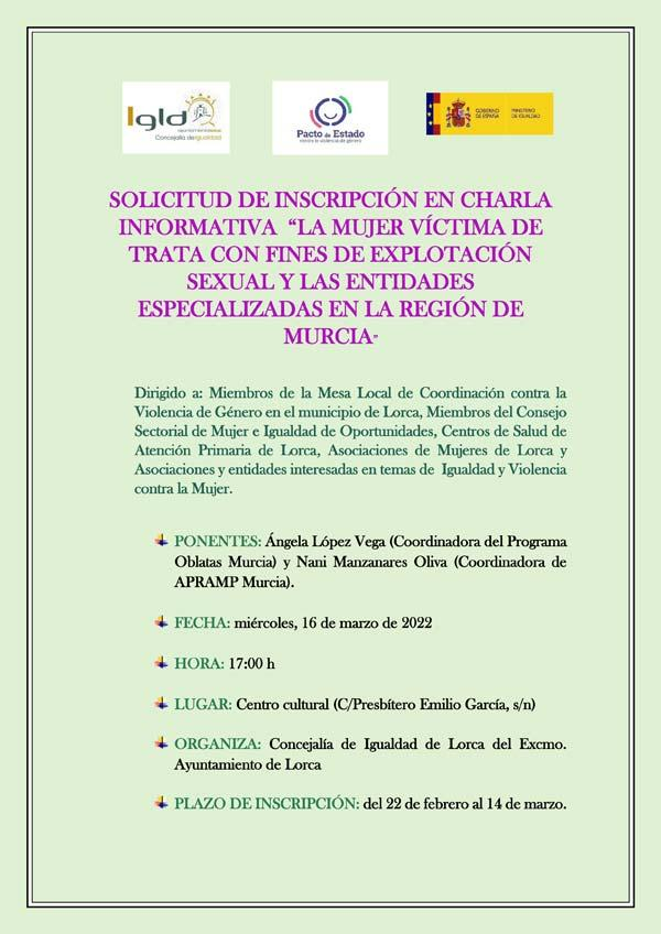 La Concejalía de Igualdad de Lorca organiza tres charlas incluidas en la programación del 8 de Marzo, Día internacional de la Mujer
