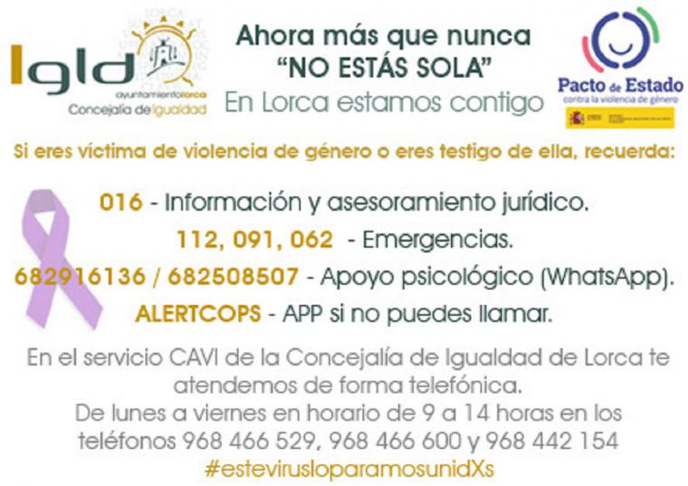 La Concejalía de Igualdad refuerza la asistencia, vía telefónica, a las usuarias del Centro de Atención Especializada a Víctimas de Violencia de Género de Lorca